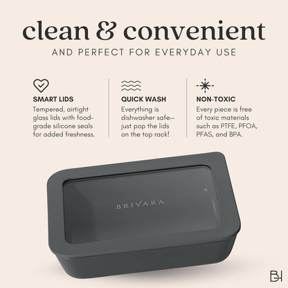Ceramic Coated Glass Food Storage Container | No PTFE, PFOA, PFAS, and BPA | Reusable Non Toxic Meal Prep Container with Glass Lid | Easy To Store | 3 Cup Rectangle [Onyx]