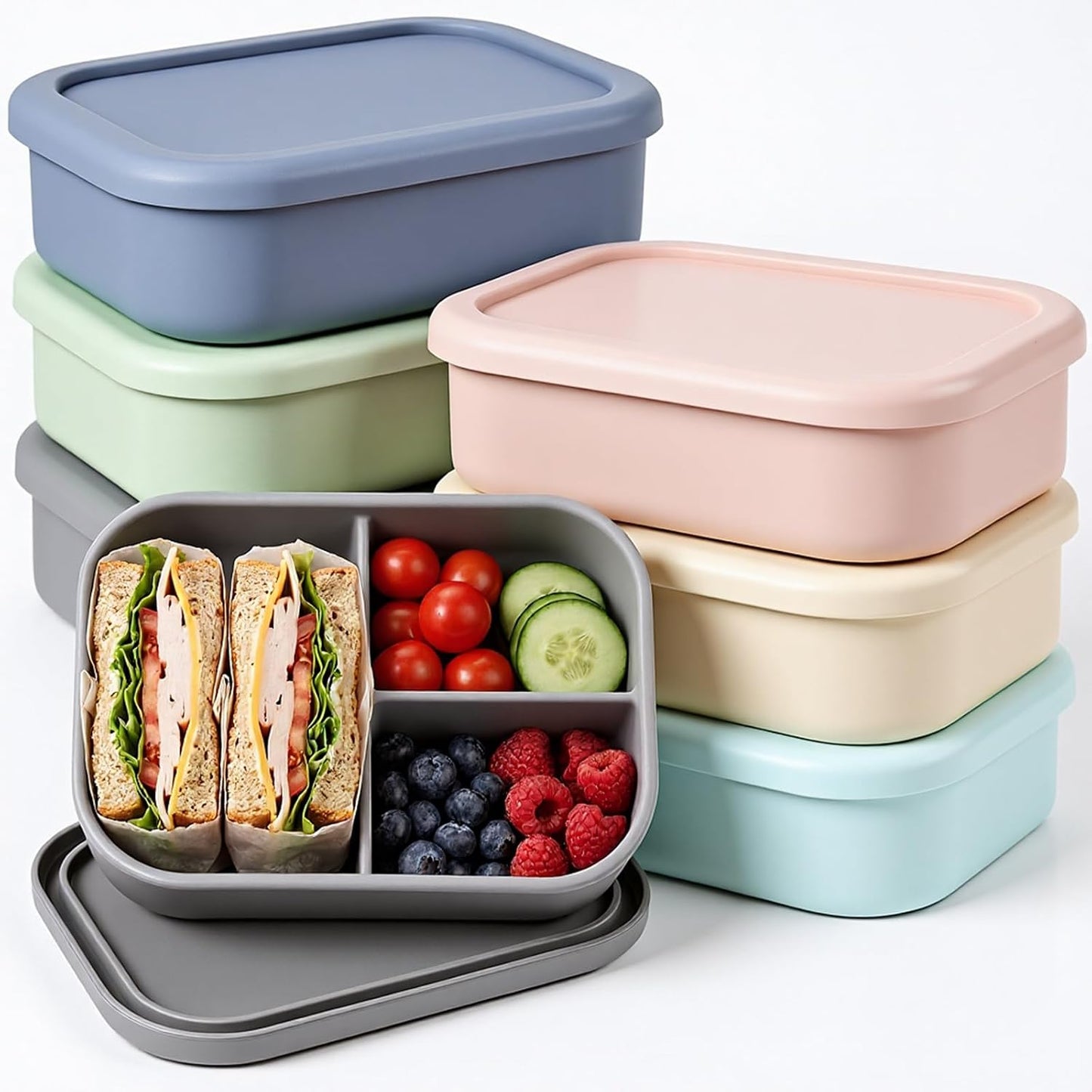 Layhit 4 Pcs Silicone Bento Box for Adults, 27 oz Bento Lunch Container Reusable 3 Compartment Lunchable Food Container for Women Men, Leak Proof Microwave Dishwasher Freezer Safe (Cool Colors)