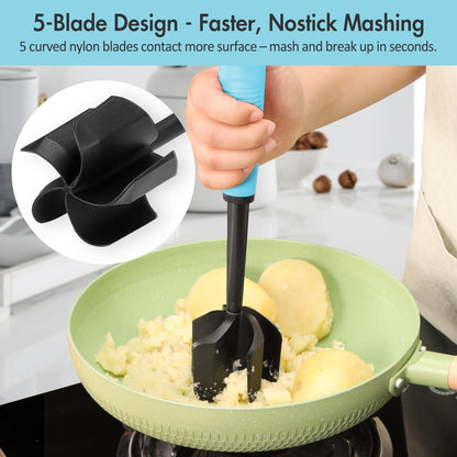 Ourokhome Meat Chopper and Potato Masher, Heat Resistant Nylon Ground Beef Smasher for Hamburger, 5 Curved Blades Nonstick Safe Mixer & Stirrer, Practical Kitchen Gadgets, Mint