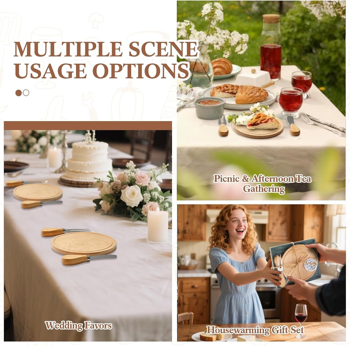 Maxcheck 6 Sets Baby Shower Bridal Game Prizes for Winners Round Cheese Board Set Wood Mini Charcuterie Board with Knives and Forks Thank You Card with Gift Box for Guests Wedding (Bamboo)