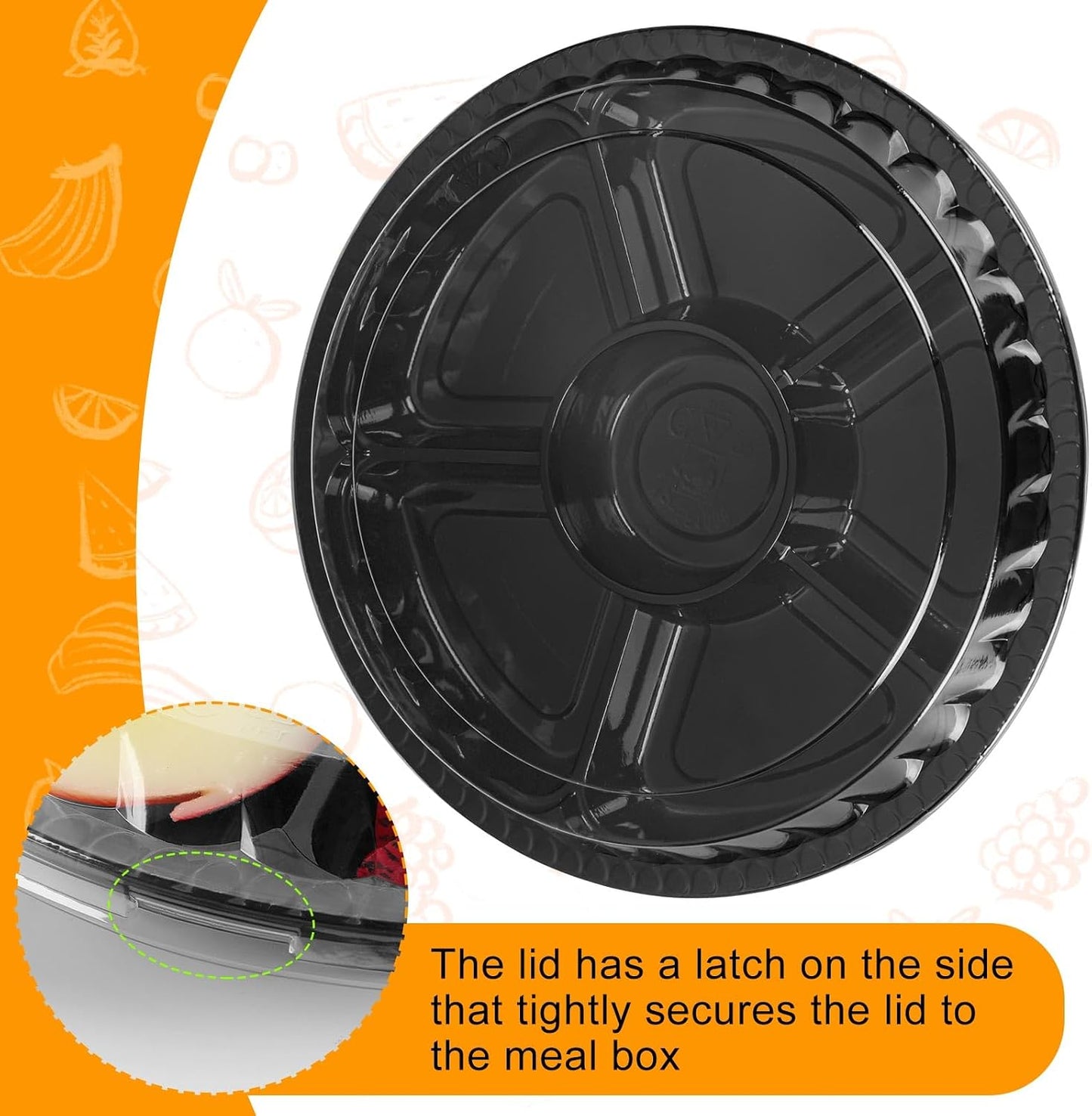 Rtteri 36 Pcs Round Catering Trays with Lids Divided Serving Trays 6 Compartment Disposable Plates Plastic Appetizer Traysplatters Food Storage Containers for Christmas Party Fruit Buffet (Black)