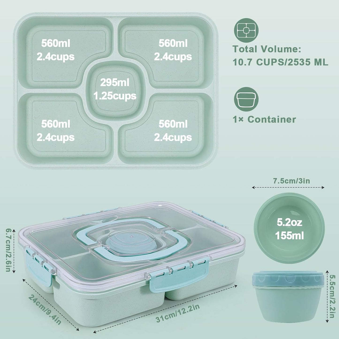 Large Snackle Box Container with Dip Container, 5 Compartments Snack Container with Lid and Handle, Veggie Fruit Divided Serving Tray for Party, Picnic, Dishwasher Safe, BPA-Free