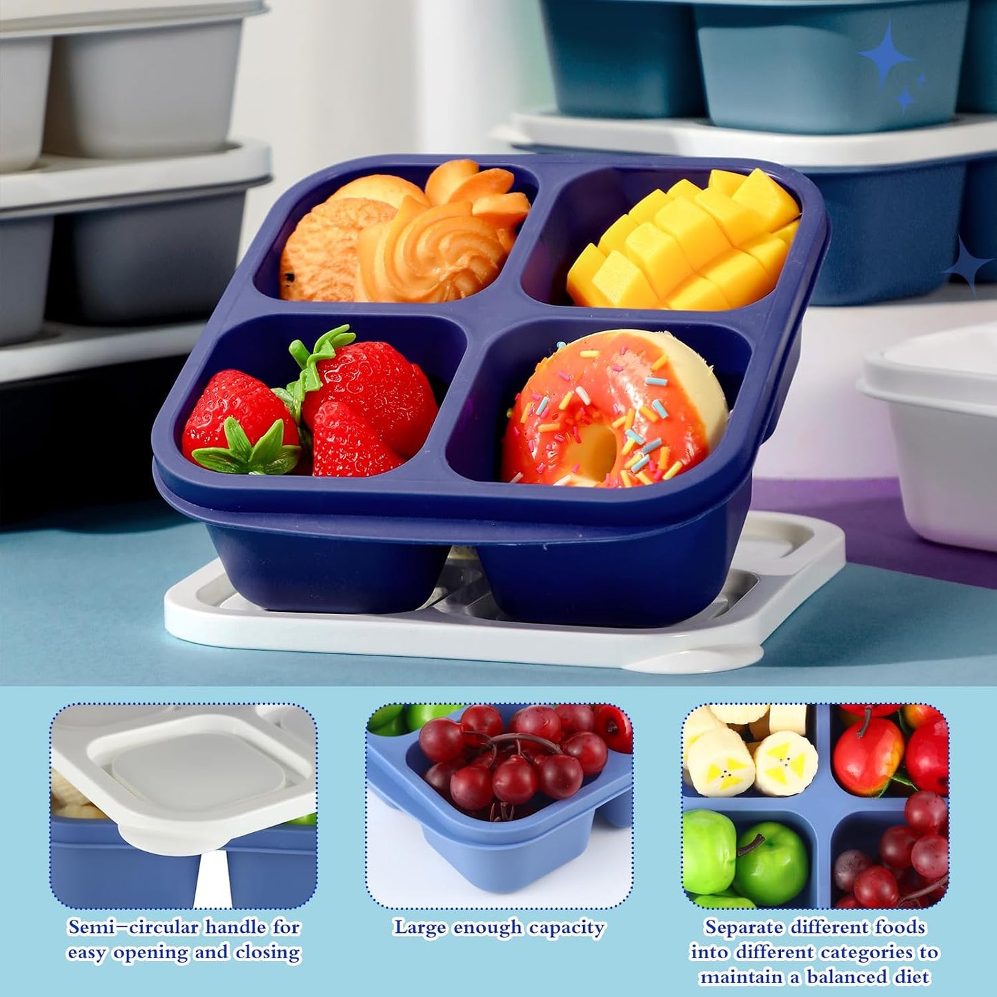 Honeydak 10 Pack Bento Snack Containers 4 Compartment Snack Boxes Reusable Containers with Lids Divided Meal Prep Lunch Food Storage Box for School Work Travel