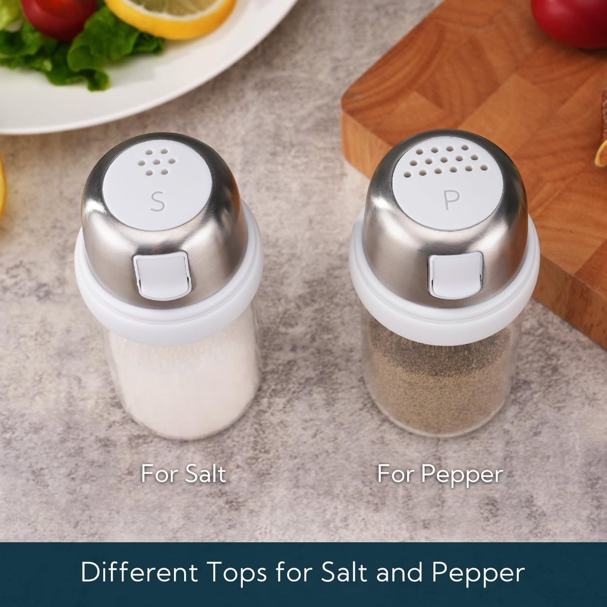 KTCHENDAO 2 in 1 Glass Salt and Pepper Shaker with Side Pour Spout, Built-in Lid for Moisture-proof, Elegant Borosilicate Glass Salt Pepper Dispenser set for Kitchen, BPA Free, 4oz (White)