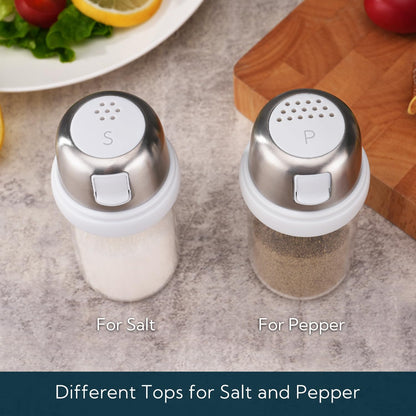 KTCHENDAO 2 in 1 Glass Salt and Pepper Shaker with Side Pour Spout, Built-in Lid for Moisture-proof, Elegant Borosilicate Glass Salt Pepper Dispenser set for Kitchen, BPA Free, 4oz (White)