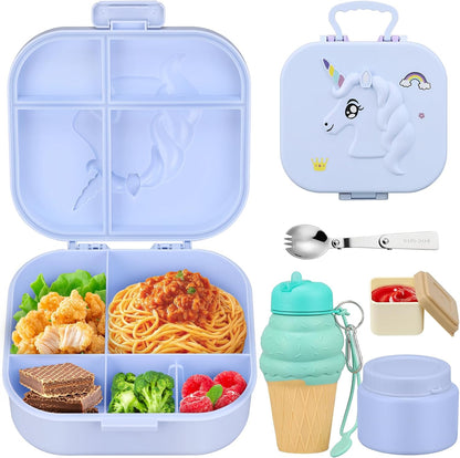 Aimsnk Magical Dinosaur Kids Lunch Box Set -12oz Insulated Food Jar, Leakproof Lunch Food Containers Cutlery, Leak-Proof Sauce Cup & Spoon, Gradient Green+Jar Green