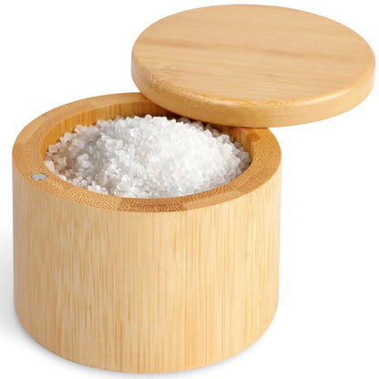 Salt Holder with Lid, Bamboo Salt Container, Salt Cellar with 360° Swivel Lid for Countertop to Store Pepper Spice, Premium Solid Salt Box Holder on Your Kitchen, 6 Oz by Pniimoo
