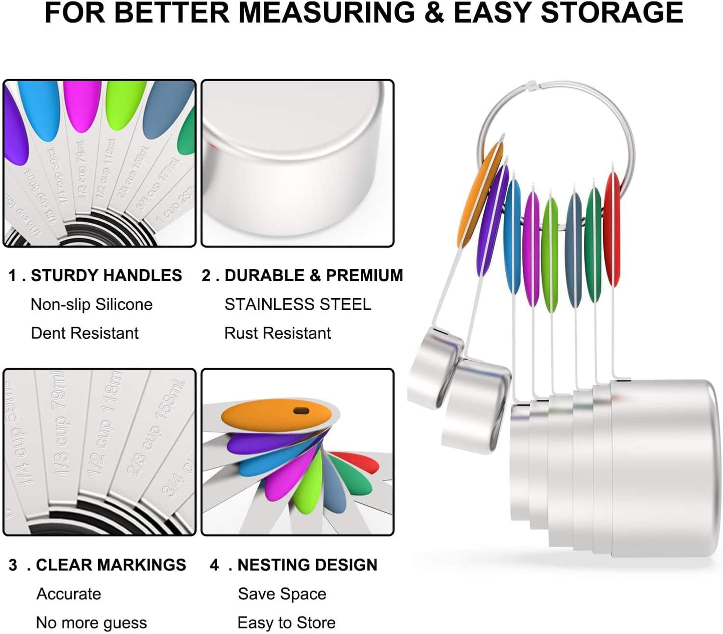 Wildone Measuring Cups and Magnetic Measuring Spoons Set, 16Pcs | 8 Stainless Measuring Cups, 7 Double-sided Magnetic Measuring Spoons & leveler for Spice Jar and Liquid Measuring, Multicolor