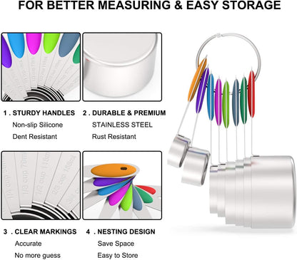 Wildone Measuring Cups and Magnetic Measuring Spoons Set, 16Pcs | 8 Stainless Measuring Cups, 7 Double-sided Magnetic Measuring Spoons & leveler for Spice Jar and Liquid Measuring, Multicolor