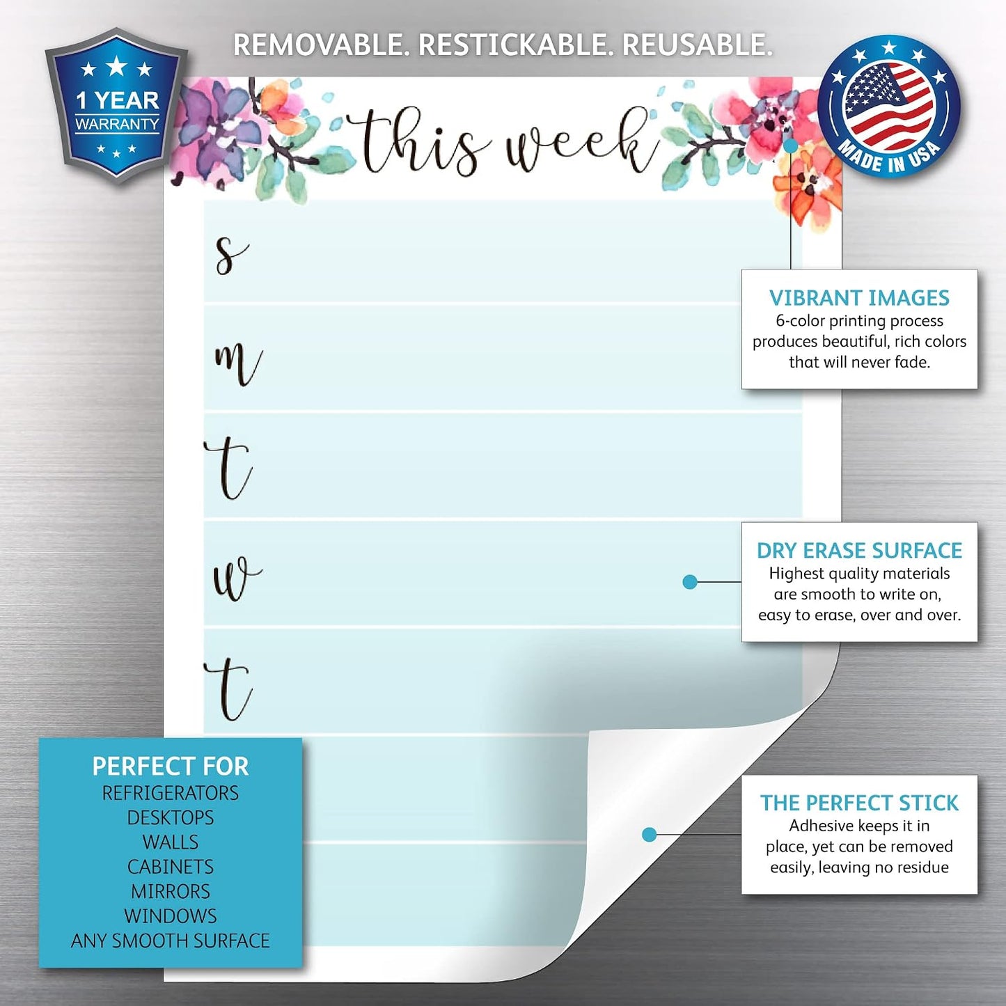 Dry Erase Weekly Calendar Planner Sticker Decal | Removable & Reusable | Magnetic Fine-Tip Marker Included (6 x 9 inches, White)