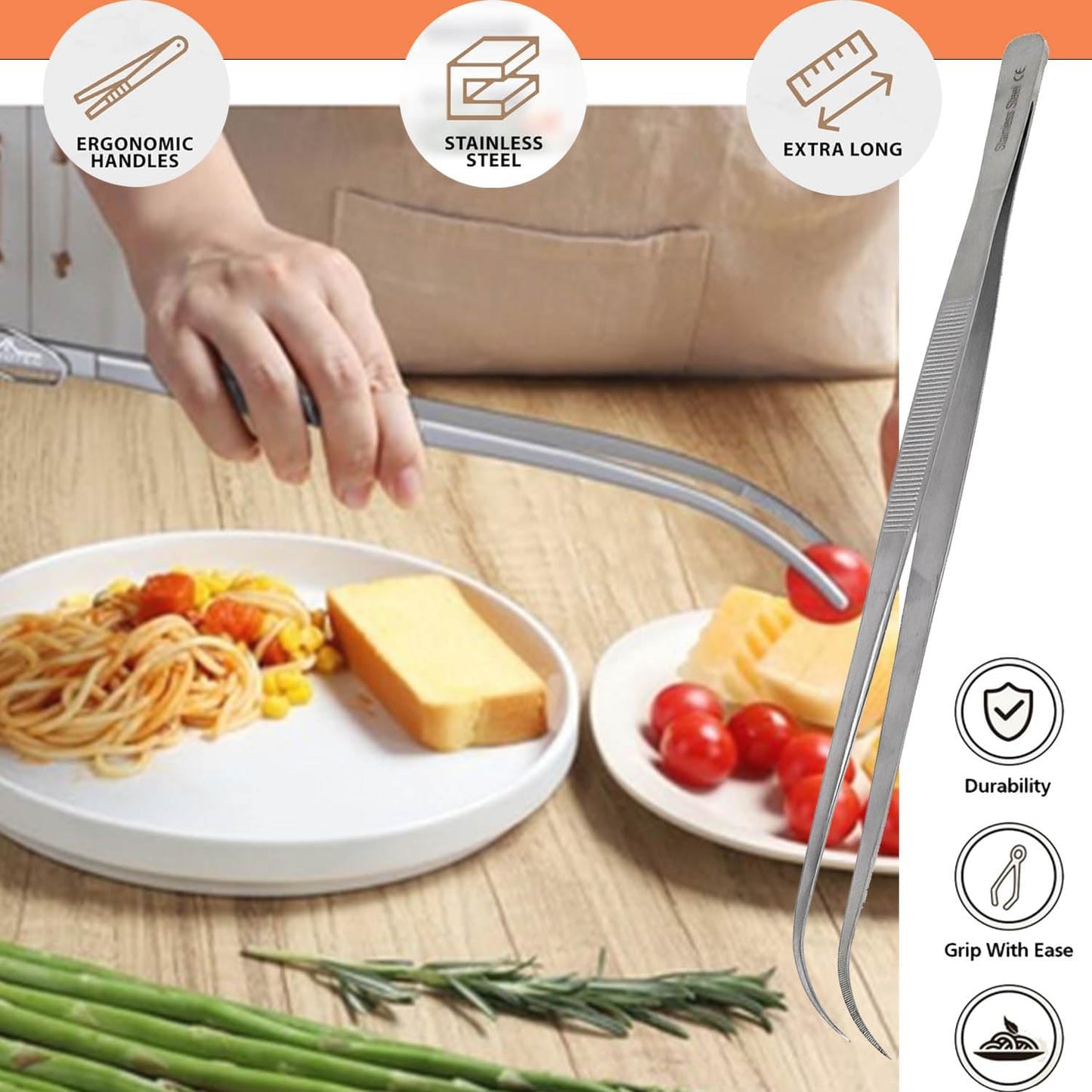 6 Inch Professional Culinary Stainless Steel Precision Tongs with Serrated Tips, Plating/Food Presentation Detailing Serving Tongs, Chef's Kitchen Tweezer Tongs - Ultra Non-Slip Grip