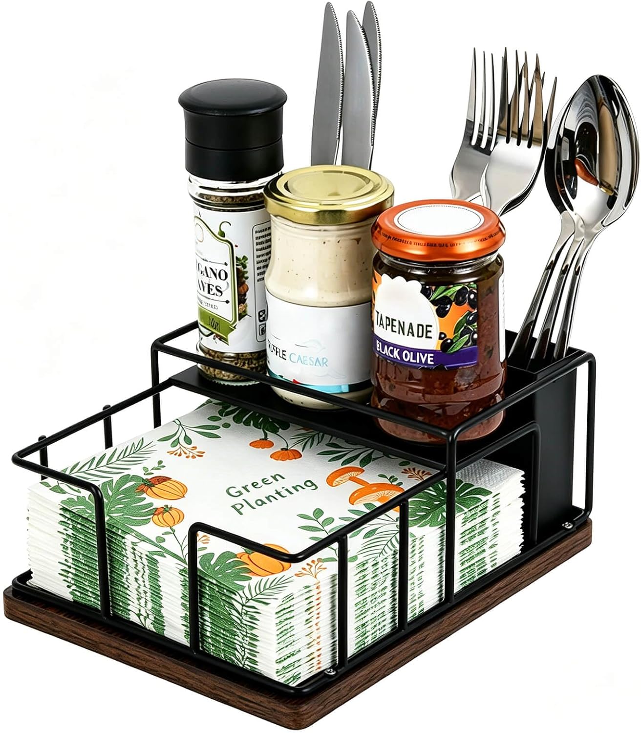 Napkin Holder for Table, Metal Napkin Holder Dispenser with Salt and Pepper Shakers Storage, 3-in-1 Utensil Holder Spice Rack for Kitchen Dining Table Buffet Patio Camping (Black)