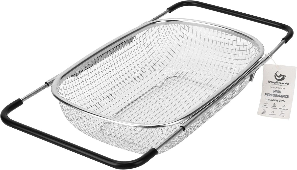 ZDRongZhen Kitchen Accessories Over the Sink Colander Strainer Basket，Stainless Steel Colander with Expandable Rubber Grip Sink Drainer-Rinse Vegetables Fruits &Strain&Drain (Large-Fine mesh)