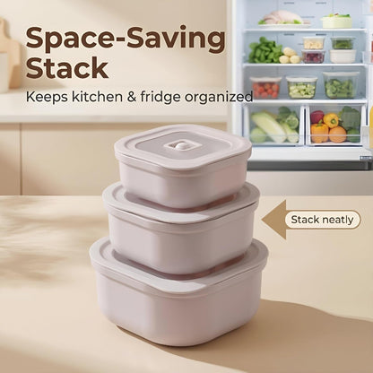 3-Piece Nesting Vented Plastic Food Containers with Lids Airtight Leakproof Meal Prep Containers Set BPA-Free Reusable Silicone Food Containers Lunch Boxes (White)