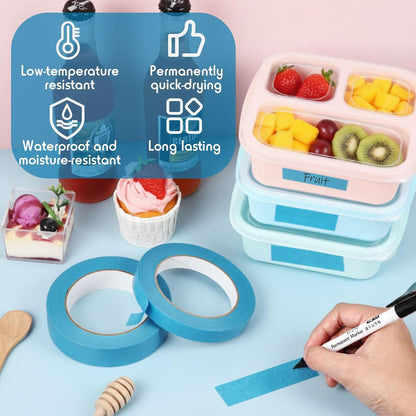 2 Kitchen Freezer Labeling Tapes with 1 Marker Pen, 0.47" x 54 yd Narrow Roll & 0.95" x 54 yd Wide Roll, Waterproof Low Temperature Freezer Marking Tape for Glass Bottle, Storage Container