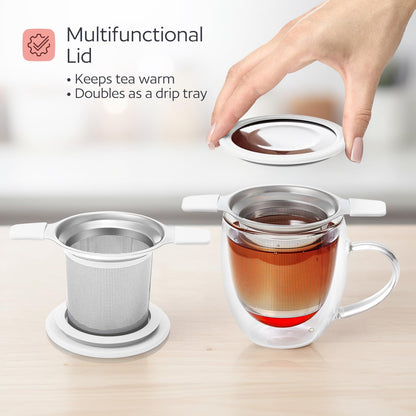 Stainless Steel Tea Infuser for Loose Leaf Tea – Extra Fine Mesh Strainer with Heat Proof Double Handles & Lid, Reusable Filter Fits Mugs, Cups & Teapots, Black
