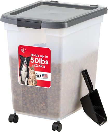 IRIS USA Airtight Dog Food Storage Container, WeatherPro, Up to 25 lbs, Removable Wheels, for Dog Cat Bird and Other Pet Food Storage Bin, Keep Fresh, Translucent Body, Made in USA, Clear/Black