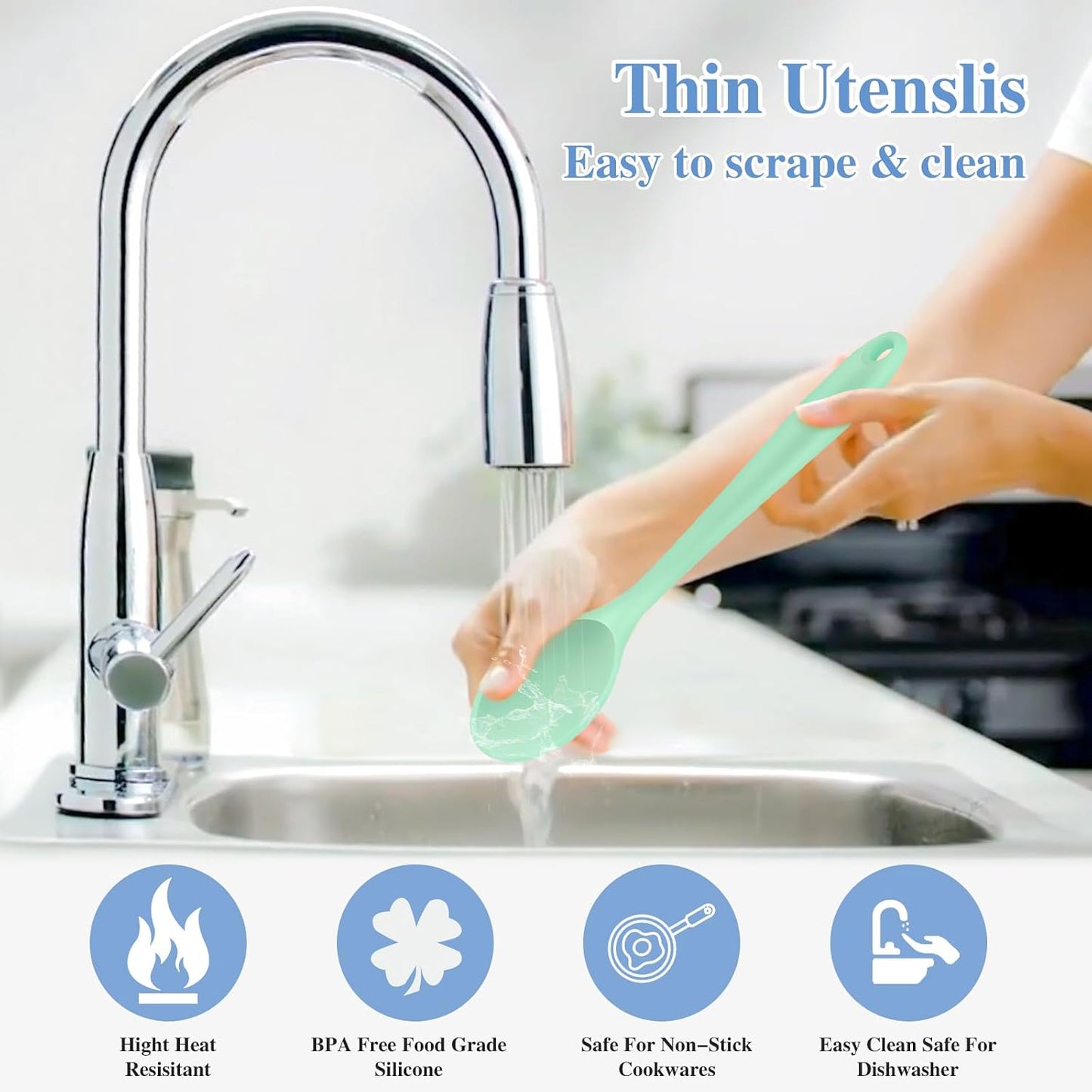 Silicone Mixing Spoons 2-Pack, 10.8" Large High Heat Resistant Nonstick Cooking spoon for Stirring, Mixing and Serving, Green & Pink Rubber Spoon.