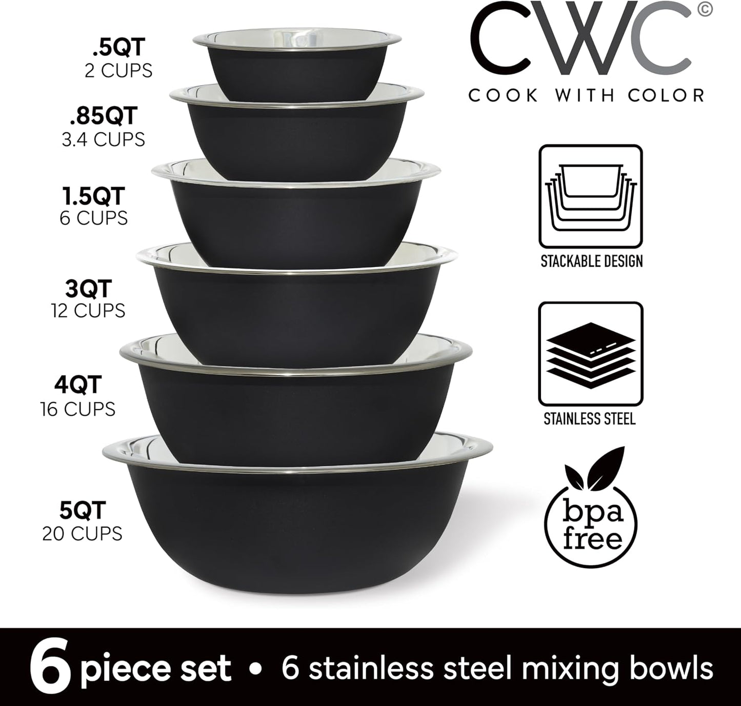 COOK WITH COLOR Stainless Steel Mixing Bowls Set - Nesting Bowls, 6 Pieces, Rose
