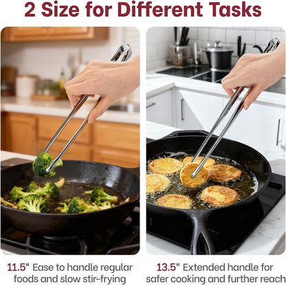 Precision Serrated Non-Slip Tips Cooking Tongs 2 Set (11.5" & 13.5"), 18/8 Stainless Steel Metal Tong, Light but Durable, Easily Control Kitchen Tweezer Tongs for Frying, Plating, BBQ