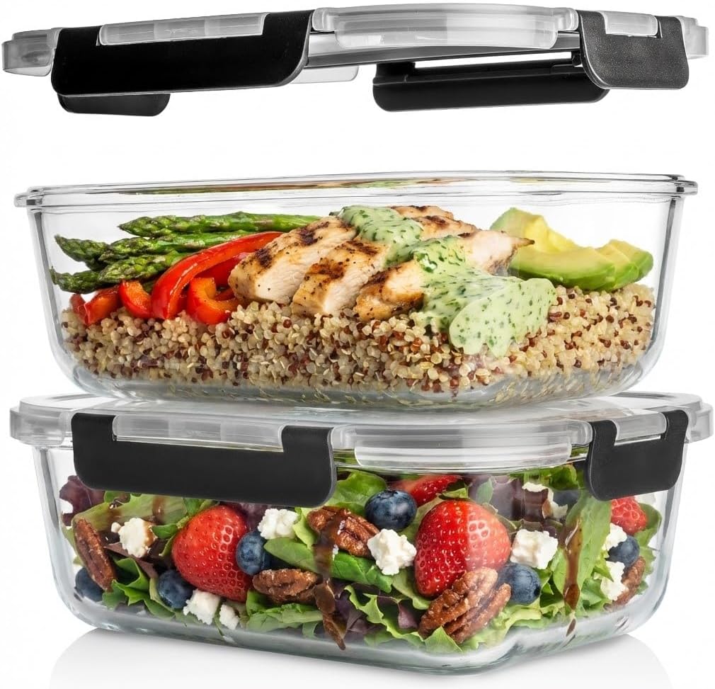 Razab 4 Pcs 1860ml / 63 Oz Large Glass Food Storage Containers with Lids - Glass Meal Prep Containers with Locking Lids for Roasting, Storing Leftover, Lunch Container, BPA Free, Microwave & Oven Safe