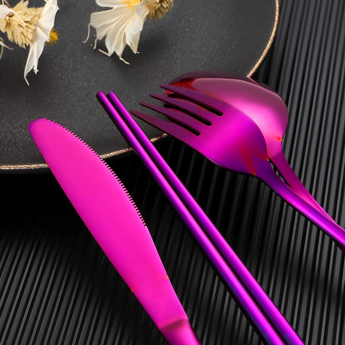 Travel Utensils,Reusable Silverware Set To Go Portable Cutlery Set with a Waterproof Carrying Case for Lunch Boxes Workplace Camping Picnic (Purple)