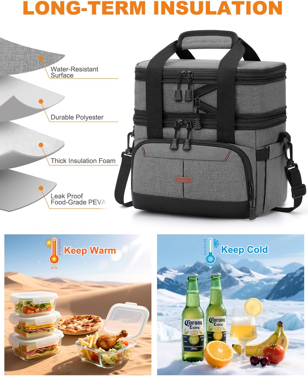 Pritent Lunch Box For Men Women Double Deck Insulated Lunch Bag For Men Woman Leakproof Expandable Cooler Bag with Adjustable Shoulder Strap for Kids Shool Work Picnic Camping(Beige,Large)