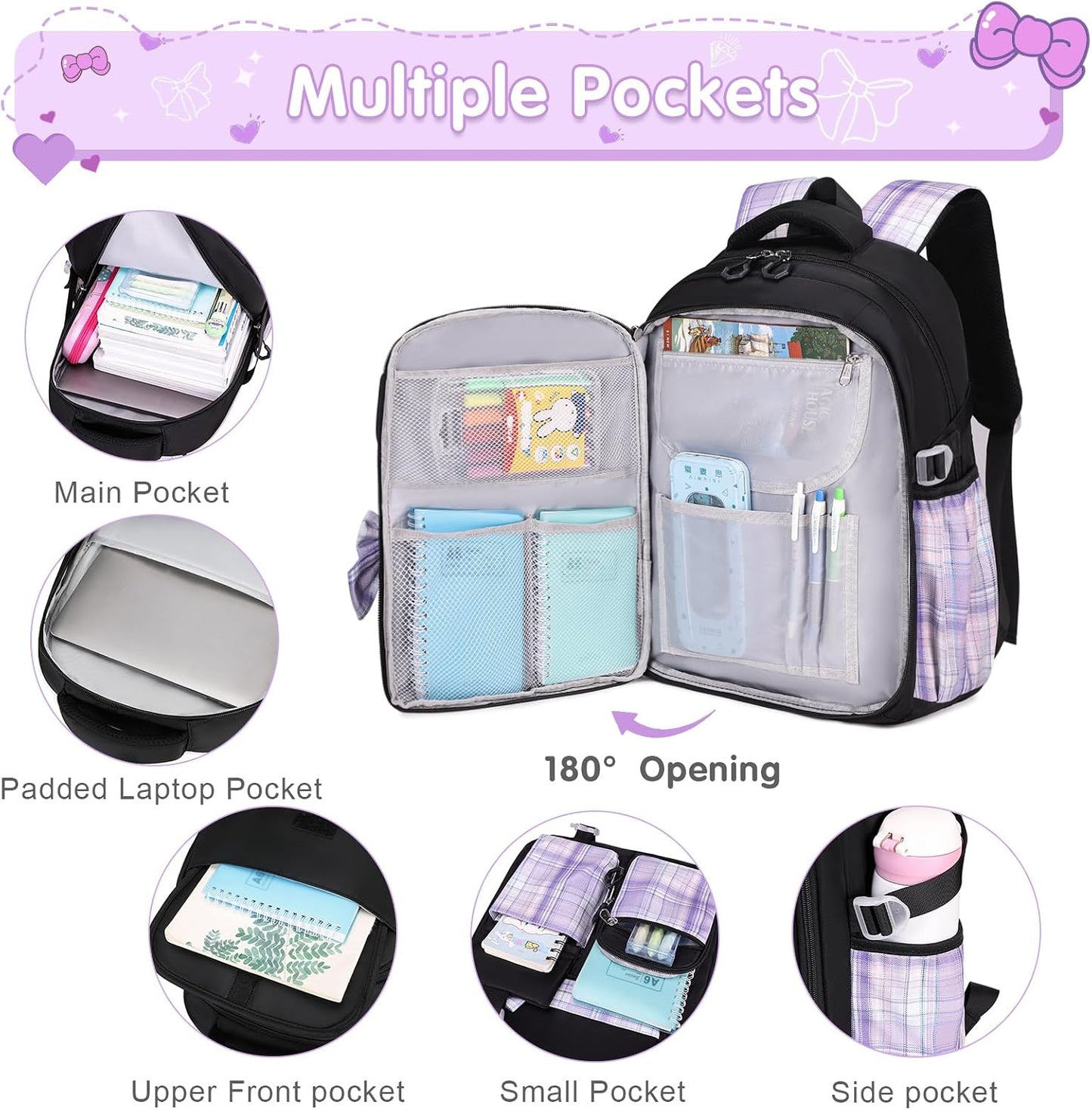 ACESAK Backpack for Girls - Bento Box with Insulated Lunch Bag Pencil Case & Utensils Set for Kids, 4 Leakproof Compartments Removable Tray Lunches or Snack Container for School (Black Purple)