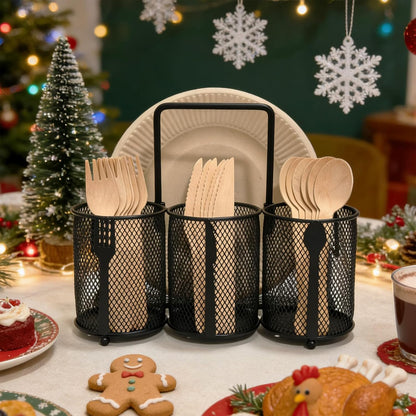 Silverware Organizer Utensil Caddy - 4 Compartment Metal Cutlery Holder Flatware Storage Basket Fork Spoon Napkin Paper Plate Kitchen Countertop Party Picnic Camping Buffet Outdoor (Gold)