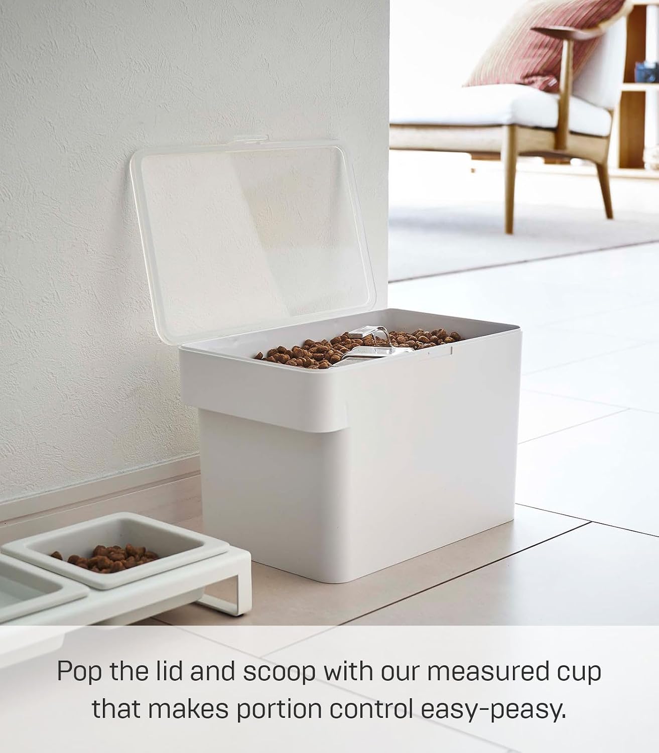 YAMAZAKI Home Tower Airtight Pet Food Storage Container - Cat And Dog Food Holder Bin With Transparent Lid And Handle - Extra Large - Polypropylene - 6.6 Gallons, 25 Liters