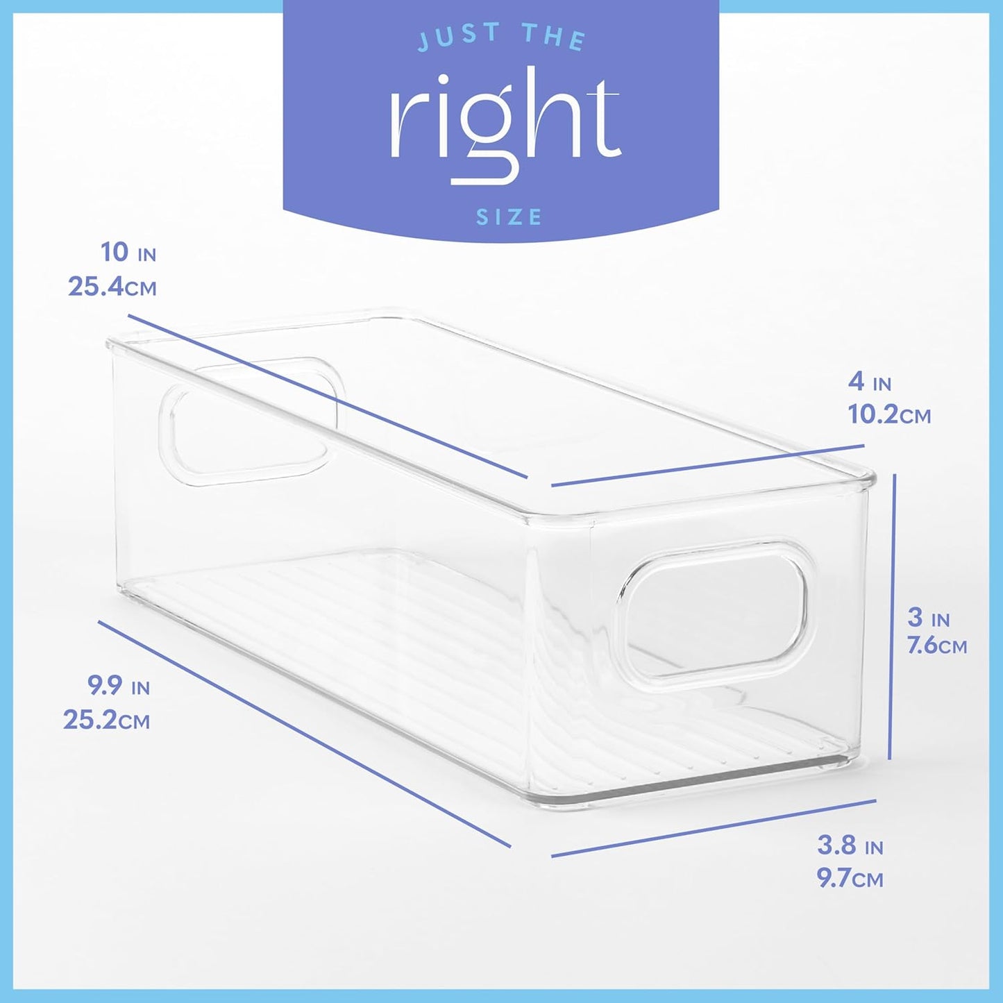 Plastic Food Storage 4 Pack Clear Container Bin with Handles for Organizing Kitchen, Pantry, Refrigerator, Freezer, Pantry, Cabinet, Closet, Bathroom. Stackable 10”x6”x3”