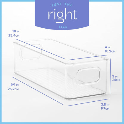 Plastic Food Storage 4 Pack Clear Container Bin with Handles for Organizing Kitchen, Pantry, Refrigerator, Freezer, Pantry, Cabinet, Closet, Bathroom. Stackable 10”x6”x3”