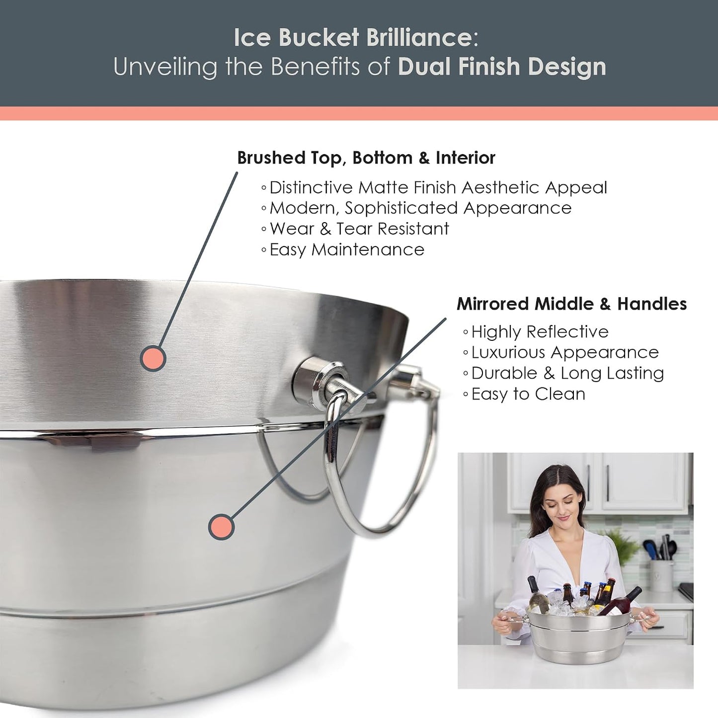 Insulated Stainless Steel Large Ice Bucket with Lid for Parties, Anchored Metal Ice & Beverage , Champagne Bucket for Extended Chill - 12-Quarts