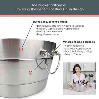 Insulated Stainless Steel Large Ice Bucket with Lid for Parties, Anchored Metal Ice & Beverage , Champagne Bucket for Extended Chill - 12-Quarts