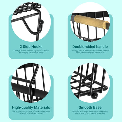 2 Tier Fruit Basket for Kitchen Counter with 2 Banana Hangers, Countertop Metal Bread Basket with Wooden Handle, Large Storage Stand for Vegetables, Snacks, Eggs, Produce Storage – Black