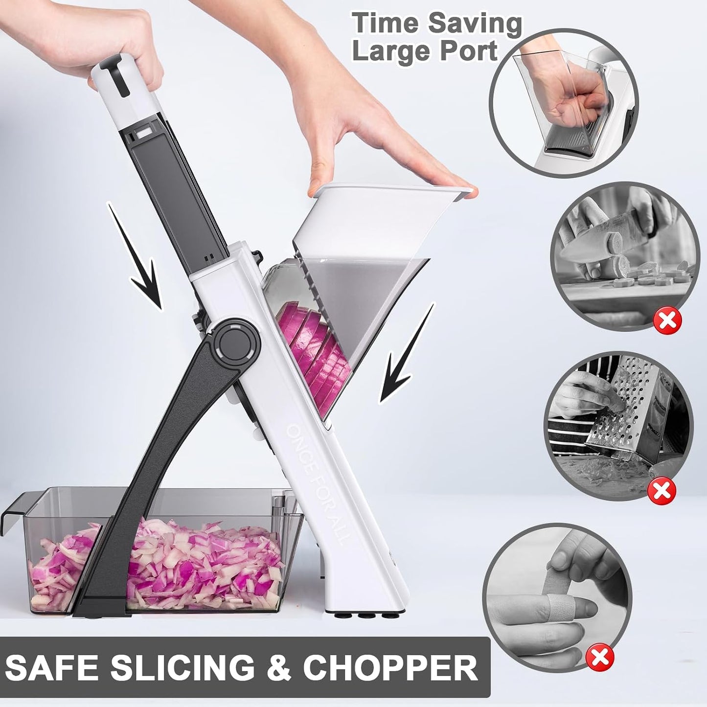 8 in 1 Mandoline Slicer for Kitchen, Vegetable Chopper, Potato Slicer, Fry Cutter Onion Chopper with Drain Basket Food Container with Lid, Stainless Steel Cheese Grater for Quick Meal Pre (Black)