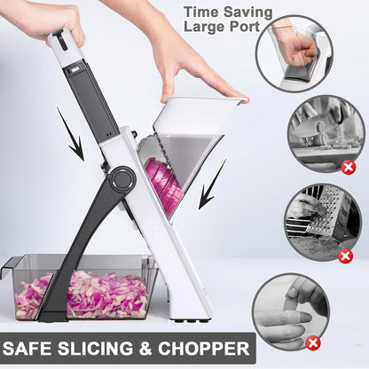 8 in 1 Mandoline Slicer for Kitchen, Vegetable Chopper, Potato Slicer, Fry Cutter Onion Chopper with Drain Basket Food Container with Lid, Stainless Steel Cheese Grater for Quick Meal Pre (Black)