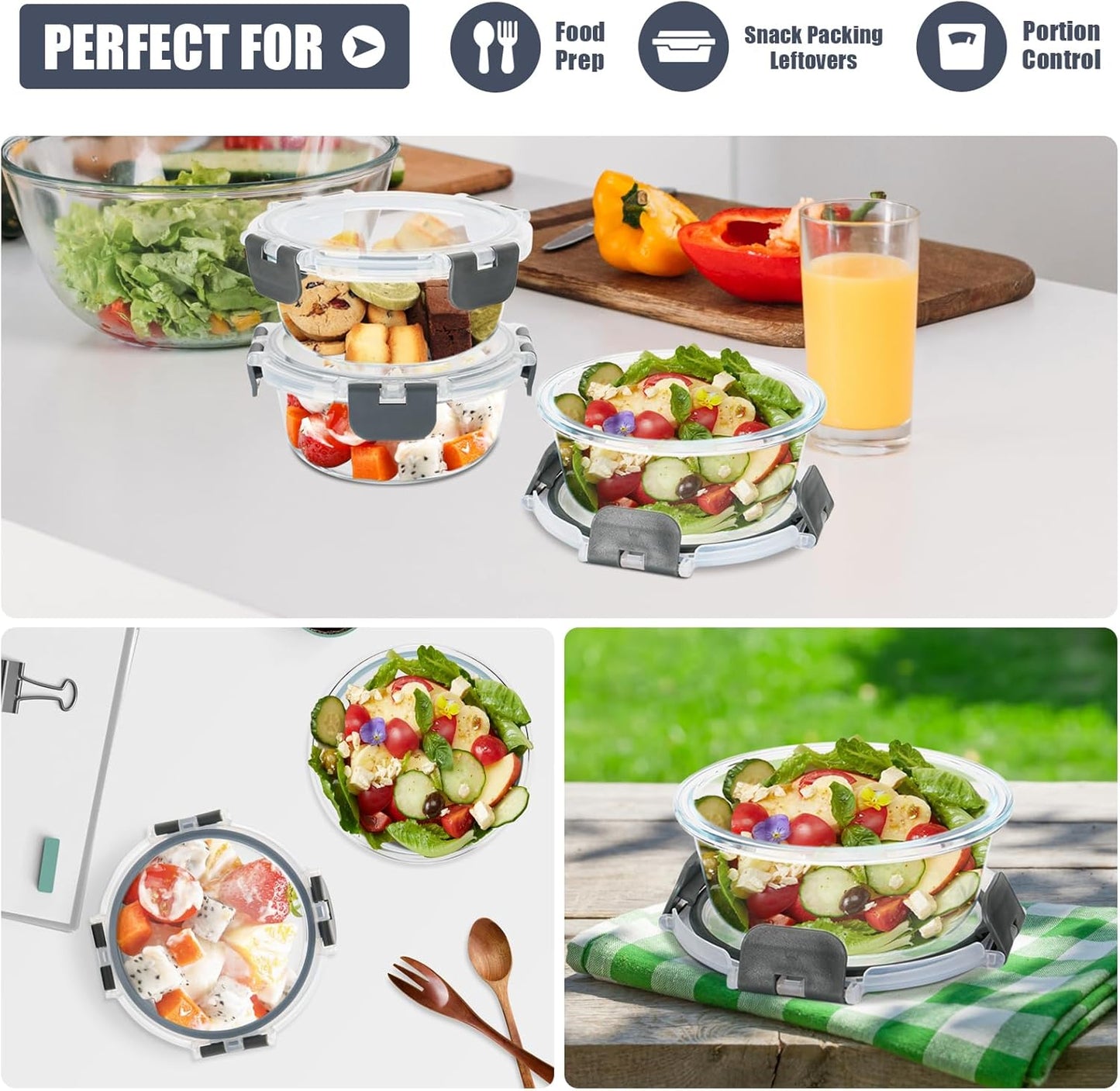 6Pack 22oz Glass Meal Prep Containers, Glass Food Storage Containers Sets with Snap Leak Proof Lids for Microwave, Oven, Freezer and Dishwasher Safe (Grey, 22oz)