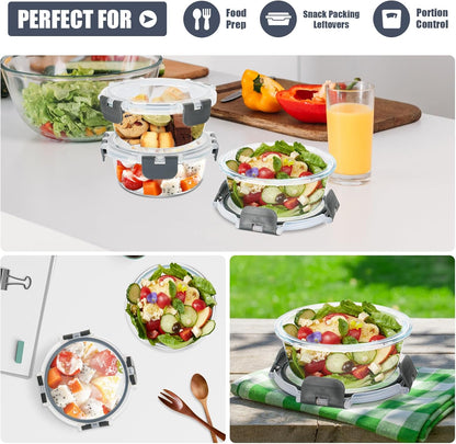 6Pack 22oz Glass Meal Prep Containers, Glass Food Storage Containers Sets with Snap Leak Proof Lids for Microwave, Oven, Freezer and Dishwasher Safe (Grey, 22oz)
