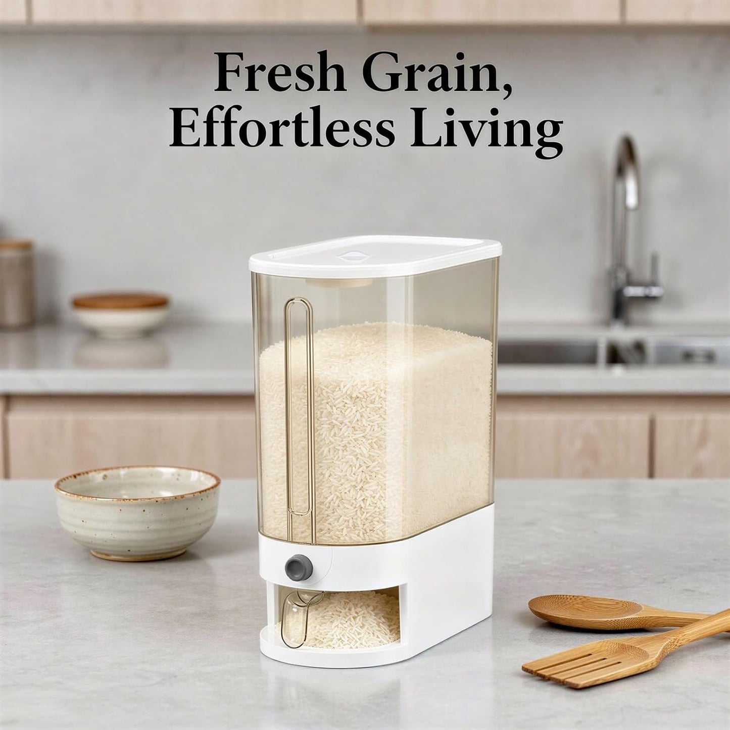 22-25Lbs Rice Dispenser, Large Rice Storage Container Cereal Dispenser Rice Holder Food Storage Container with Measuring Cup, One-Touch Sealed Moisture Food Dispenser for Kitchen and Household