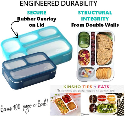 kinsho Bento Lunch-Box Set for Kids includes Snack Container | 6 and 3 Compartment Boxes Leakproof School Bentos, Meal Portion Control Containers, Boys Girls Adults, Navy Blue Large + MINI 2 Pack Set