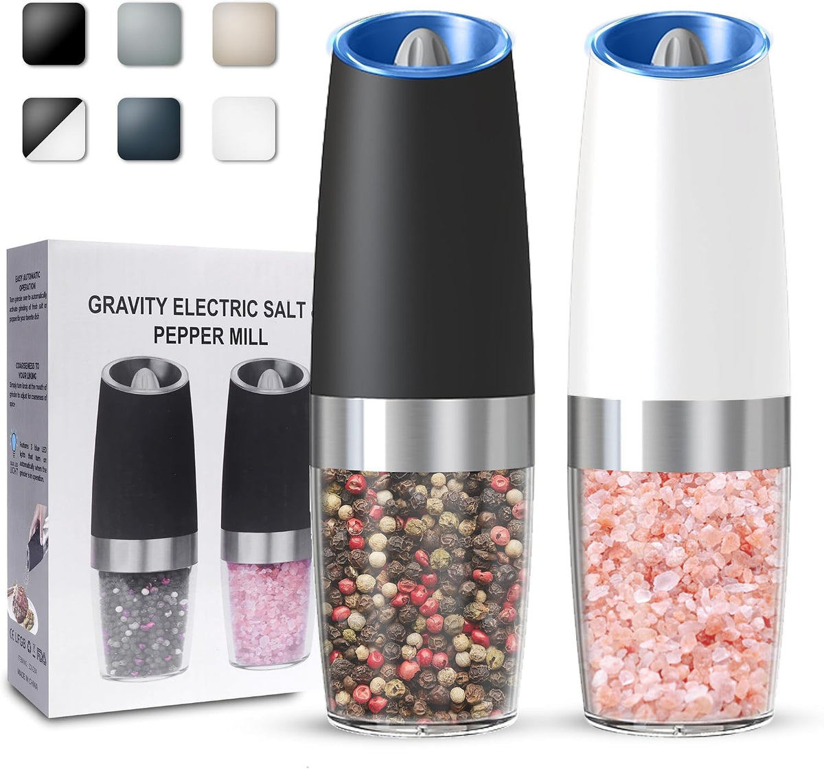 UNNEES Battery Operated Gravity Salt And Pepper Grinder Set, 2 Pcs (Black)