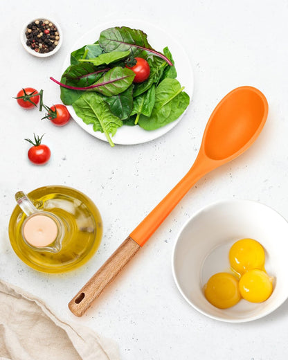 Large Silicone Cooking Spoons, Nonstick Solid Wooden Handle Spoon, Heat Resistan Silicone Kitchen Spoons for Cooking, Serving, Basting, Mixing, 13.2inch (Grey)
