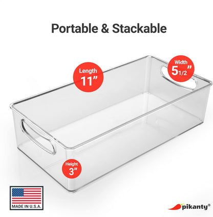 Pikanty Clear Refrigerator Organizer Bin with Handles — 15 Inch Stackable Fridge and Pantry Storage Container for Snacks, Produce, Cans, Yogurt, Condiments, Dishwasher and Freezer Safe, Made in USA