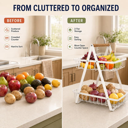 mahueeol 2-Tier Metal Fruit Basket for Kitchen Counter with Wooden Handle | Detachable rectangular baskets hold fruits, vegetables, bread and snacks; use stacked or separately in kitchens and pantries