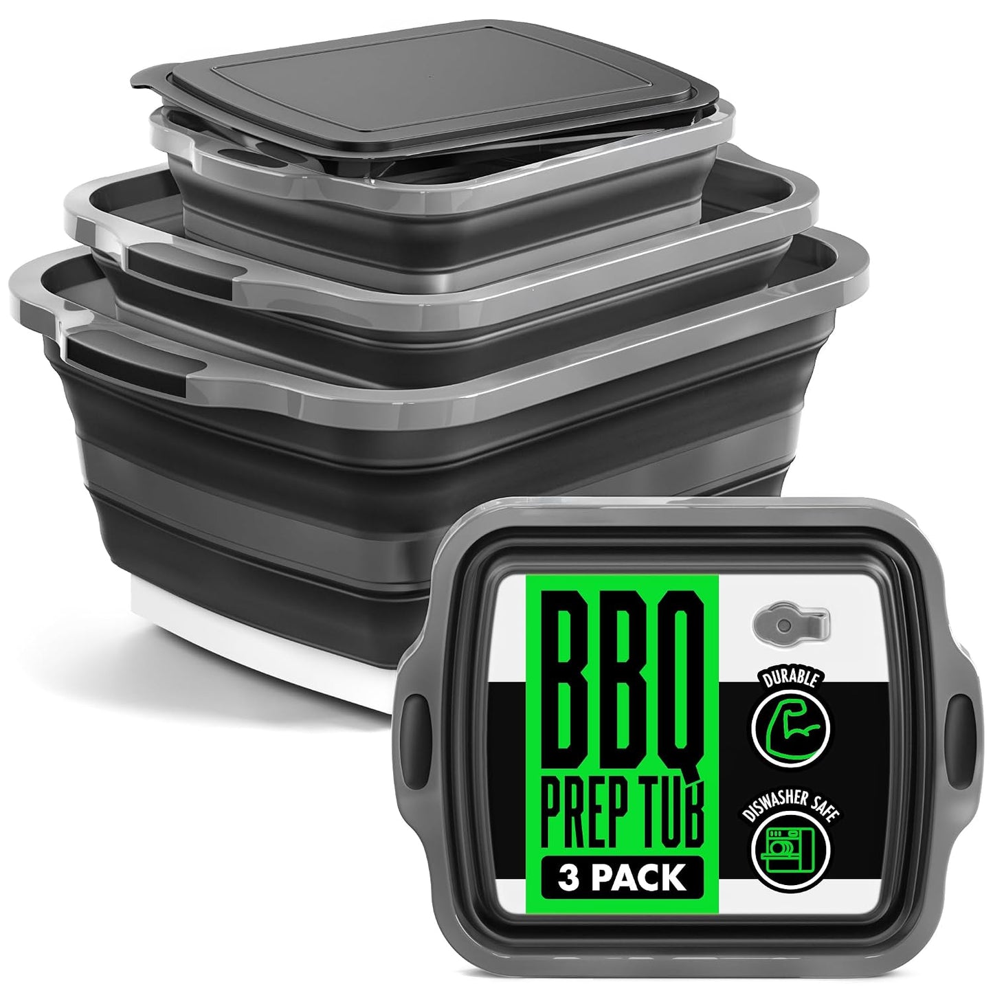 Collapsible BBQ Prep Tub with Lid and Drain Spout, 16L Portable Meat Marinating and Grilling Tray, Cutting Board Food Storage Container for Outdoor Cooking, Camping, Tailgating and Kitchen Prep