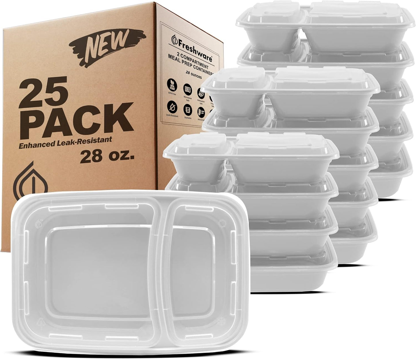 Freshware Meal Prep Containers [25 Pack] 2 Compartment with Lids, Food Storage Containers, Bento Box, BPA Free, Stackable, Microwave/Dishwasher/Freezer Safe (28 oz), Grey