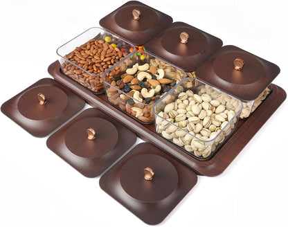 Serving Set: Plastic Imitated Wood Serving Tray & 4 Snack Boxes with Lid, Ideal for Home, Party & Birthday