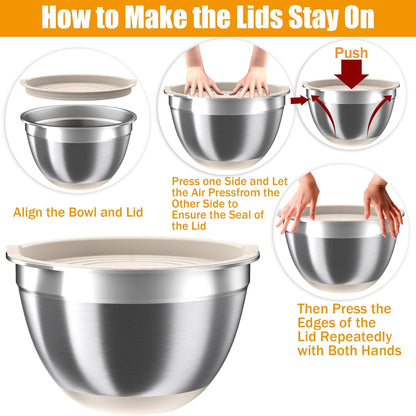 Mixing Bowls with Lids Set, 16PCS Stainless Steel Mixing Bowls,Nesting Storage Bowls for Kitchen with Mixing Bowls Set, Colander, Strainer & Grater , Metal Salad Bowl for Kitchen Gadgets , Cream