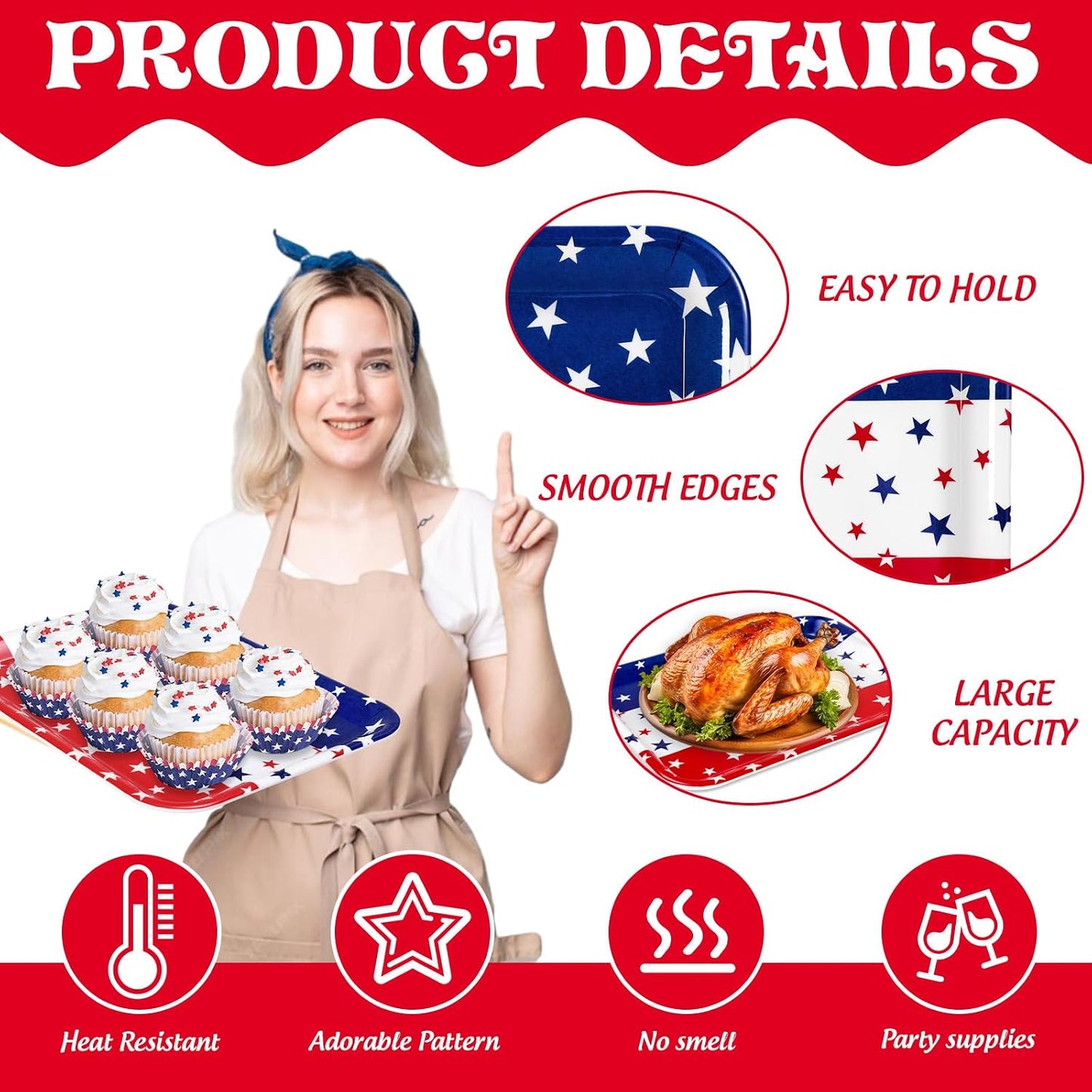JarThenaAMCS 3PCS Patriotic Serving Trays Reusable Serving Dishes Red Blue White 4th of July Star Melamine Platter for Outdoor Party Independence Day Serving Food Snacks Fruits Dessert